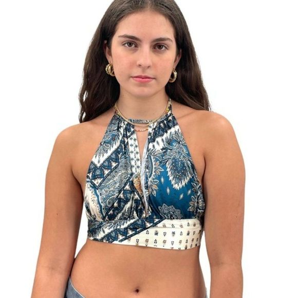 Cider Tops - NEW Cider Halter Crop Top Open Back Wide Bow Back Tie Blue Paisley Mixed Print M
